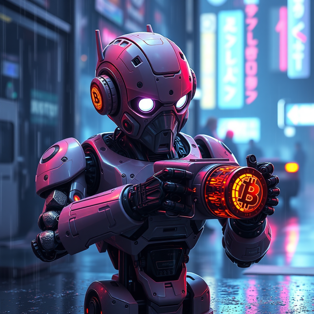 Cyberpunk robot assembling a Bitcoin Lightning node — generated live by this offer